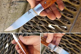 Straight Drop Point Hunter, utilising RWL34 steel and 416 bolster with desert ironwood scales