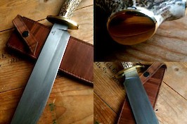 Large camp knife in edge quenched carbon steel, brass and stag