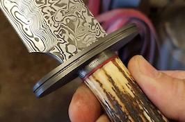 A presentation Bowie in Damasteel, stainless fittings and  sambar stag...a very special knife!
